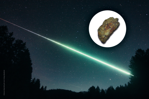 Abbildung eines Meteoriten und im Hintergrund eines Meteoritenabsturz auf die Erde bei Nacht