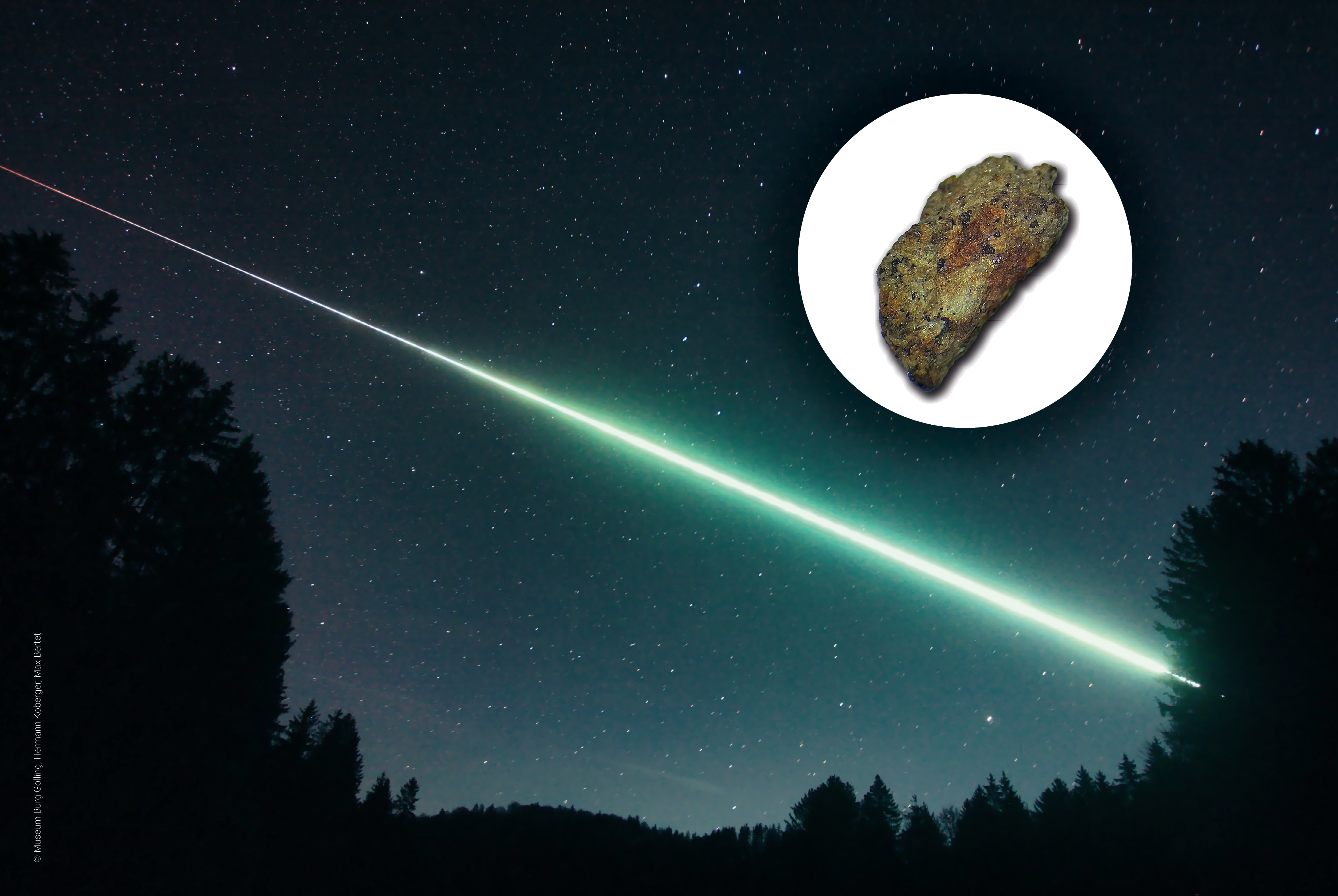Abbildung eines Meteoriten und im Hintergrund eines Meteoritenabsturz auf die Erde bei Nacht